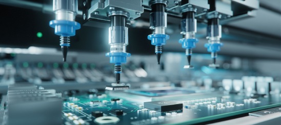 Automated machines assembling a circuit board