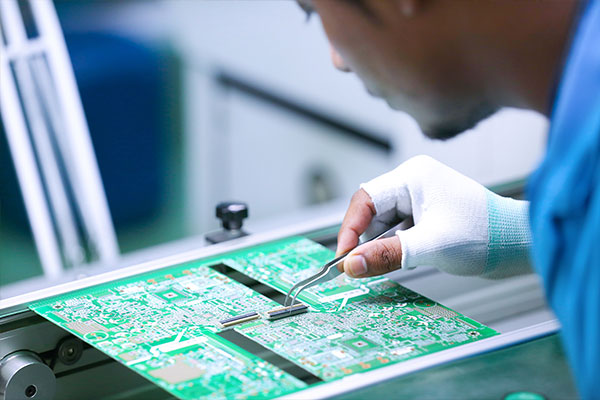 Technician inspecting circuit boards on a production line